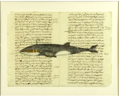 18th Century Manuscript Hand Decorated with Later Watercolor "Whale". Toning from age or in good condition. Measures 12-1/4" 