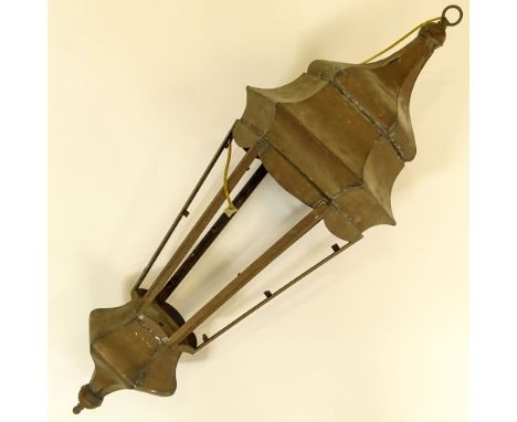 Antique Copper Hanging Lantern, Electrified. Unsigned. Lacking glass. Rubbing, surface wear, corrosion, antique condition Mea