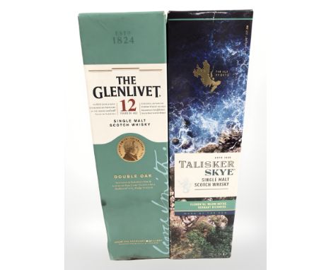 A bottle of Talisker Skye single malt scotch whisky, 700 ml, and a bottle of The Glenlivet single malt scotch whisky, double 