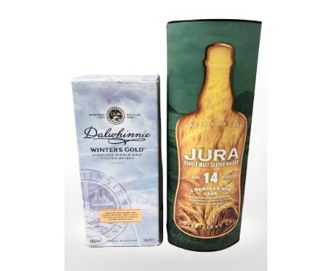 A bottle of Dalwhinnie Winter's Gold highland single malt scotch whisky, 70 cl, and a bottle of Jura single malt scotch whisk