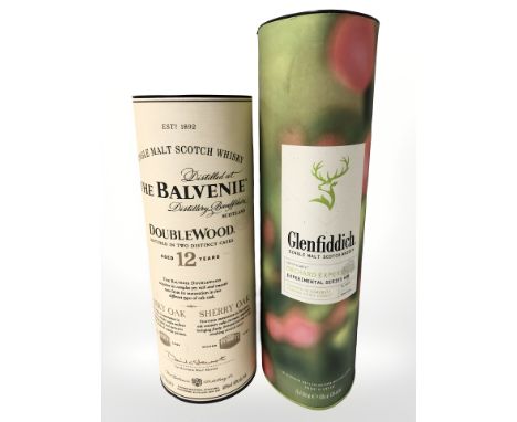A bottle of The Balvenie double wood single malt scotch whisky, aged twelve years, 700 ml, and a bottle of Glenfiddich single