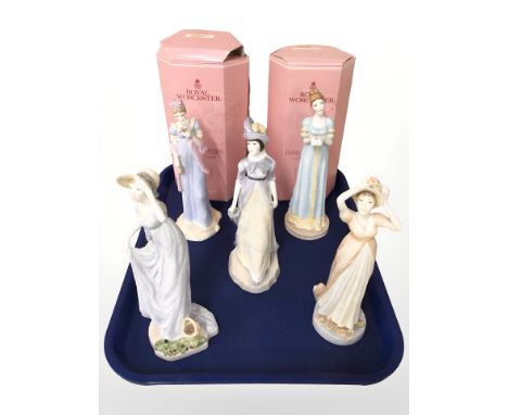 Five Royal Worcester Jane Austen Collection figures : Elizabeth Bennett, Emma Woodhouse, Lady Susan, Fanny Price and Anne Ell