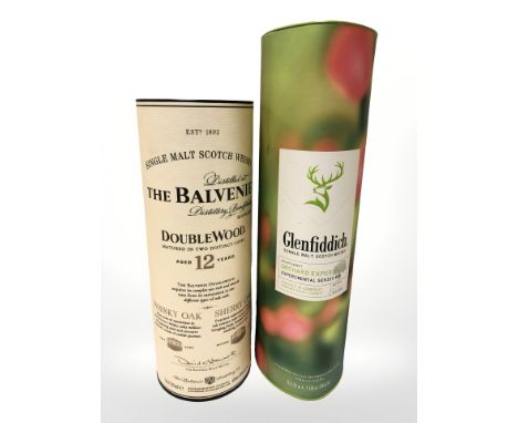 A bottle of The Balvenie double wood single malt scotch whisky, aged twelve years, 700 ml, and a bottle of Glenfiddich single