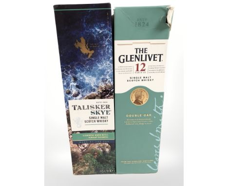 A bottle of Talisker Skye single malt scotch whisky, 700 ml, and a bottle of The Glenlivet single malt scotch whisky, double 