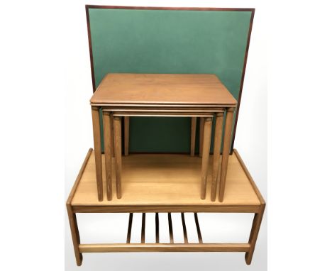 A 20th century teak rectangular table with under shelf, width 90 cm, a teak nest of tables and a folding card table.
