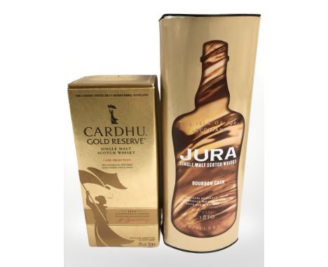 A bottle of Cardhu gold reserve single malt scotch whisky, 70 cl, and a bottle of Jura single malt scotch whisky, aged ten ye