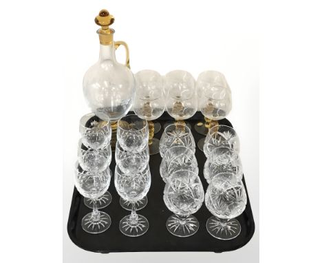 A two-tone etched amber glass decanter and six matching glasses, further six wine glasses and six rummers  CONDITION REPORT: 
