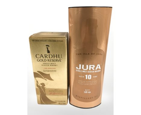 A bottle of Cardhu gold reserve single malt scotch whisky, 70 cl, and a bottle of Jura single malt scotch whisky, aged ten ye