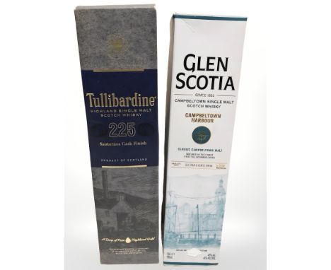 A bottle of Glen Scotia Campbeltown single malt scotch whisky, 70 cl, and a bottle of Tullibardine highland single malt scotc