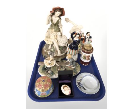 Two 19th century Staffordshire figures, continental bisque figures, Colibary porcelain table lighter, trinket box etc 