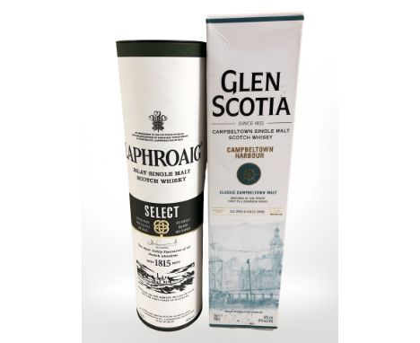 A bottle of Laphroaig Islay single malt scotch whisky, aged ten years, 70 cl, and a bottle of Glen Scotia Campbeltown single 