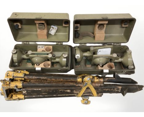 A tripod, a surveyor's level and two cases containing Kern surveyor's targets.