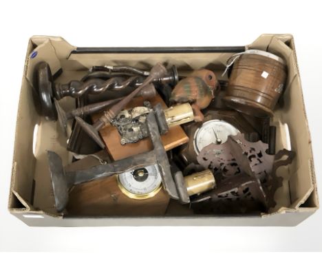 A quantity of treen, candlesticks, oak barometer, biscuit barrel, etc. (1 box)