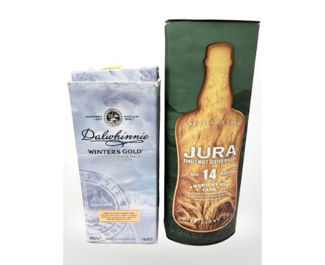 A bottle of Dalwhinnie Winter's Gold Highland single malt scotch whisky, 70 cl, and a bottle of Jura single malt scotch whisk