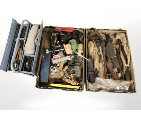 Assorted hand tools, files, woodworking plane, concertina tool box, etc. (2 boxes)
