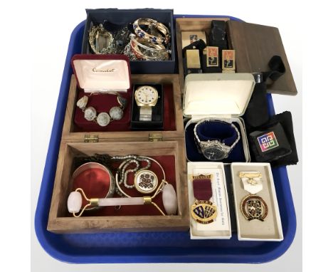 A quantity of costume jewellery, enamelled bangles, Sekonda and Timex wrist watches, Masonic medals, lava cameo bracelet, Yve