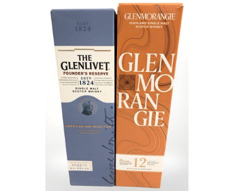 A bottle of The Glenlivet Founders Reserve single malt scotch whisky, 70 cl, and a bottle of Glenmorangie Highland single mal