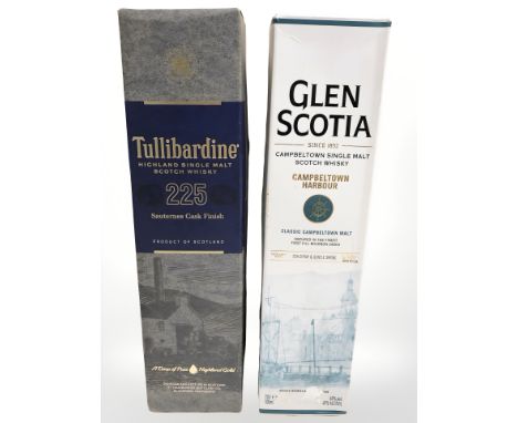 A bottle of Glen Scotia Campbeltown single malt scotch whisky, 70 cl, and a bottle of Tullibardine highland single malt scotc