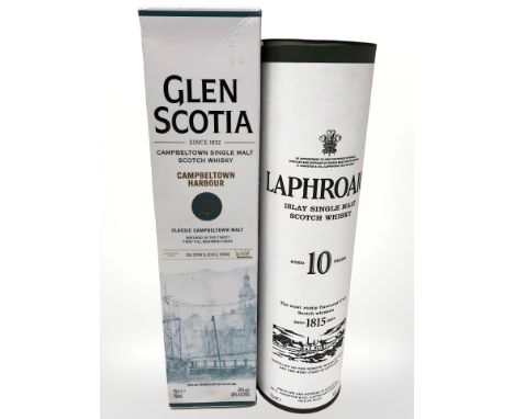 A bottle of Laphroaig Islay single malt scotch whisky, aged ten years, 70 cl, and a bottle of Glen Scotia Campbeltown single 