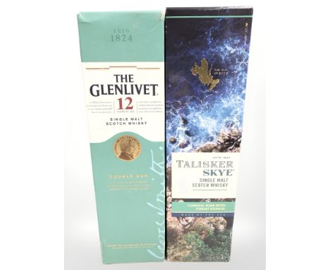 A bottle of Talisker Skye single malt scotch whisky, 700 ml, and a bottle of The Glenlivet single malt scotch whisky, double 