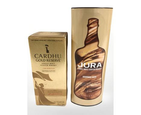 A bottle of Cardhu gold reserve single malt scotch whisky, 70 cl, and a bottle of Jura single malt scotch whisky, aged ten ye