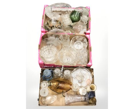 Assorted 20th century pressed glass wares, enameled metal oil lamp, etc. (3 boxes)