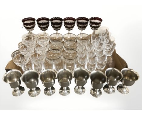 A set of six ruby flash champagne glasses, further crystal drinking glasses and pewter tankards. (1 box)