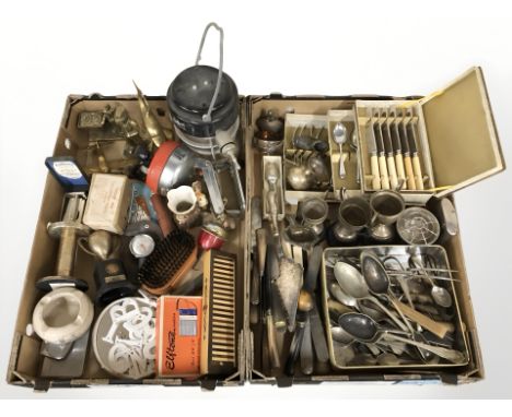 Assorted EPNS cutlery, brass figures, butane lamp, trophy cups, etc. (2 boxes)