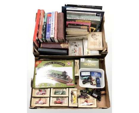 Assorted die case delivery vans, flying Scotsman puzzle, small quantity of volumes, Will's Cigarette cards, etc (2 boxes) 