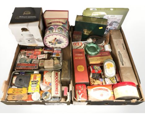 Assorted mid-century vintage tins and packaging, matchboxes, dominoes, Pyrex rolling pin and mixer, etc. (2 boxes)