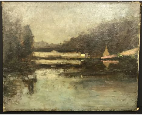 Follower of Pierre-Auguste Renoir 1841-1919. Oil on canvas. “River Scene with Sailing Boats”. Initialled Lower Left. Measures