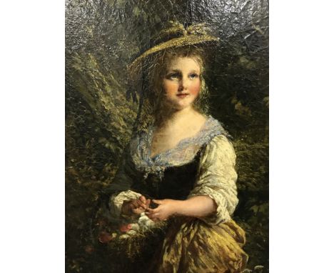 Phoebus Levin 1836-1908 German. Oil on canvas. “Portrait of a Girl and Dog”. Signed Lower Right. Measures 60cm x 77cm. Condit