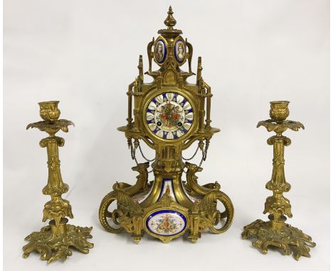 ORNATE FRENCH MANTLE CLOCK HAND PAINTED FINISH + CANDLE STICKS