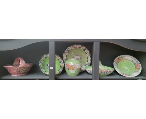 Shelf of Maling ware; Green Thumb print bowls and plates etc 