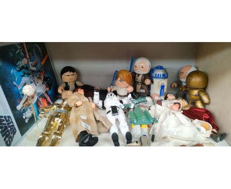Shelf of 12" Star Wars figures, Mighty Muggs Star Wars figures and Sign 