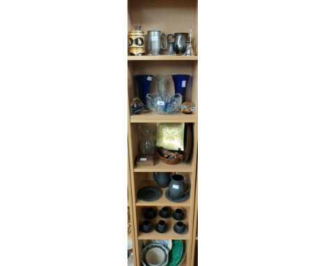 Six shelves of collectables; Poole pottery floral plate &amp; bowl, Majolica Vine design plates, Wedgwood black jasper ware c