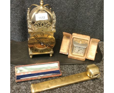 Various collectables; Antique Brass bell clock, Jaz French Make travel clock and case, Birmingham silver and mother of pearl 