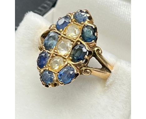 Antique 14ct yellow gold ring set with blue and pale blue Topaz stones. [Ring size R] [5.14Grams] [Tested positive for 14ct g
