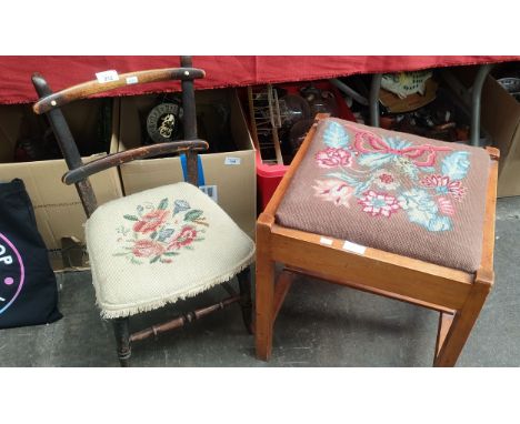 Antique Child's chair along with tapestry stool 
