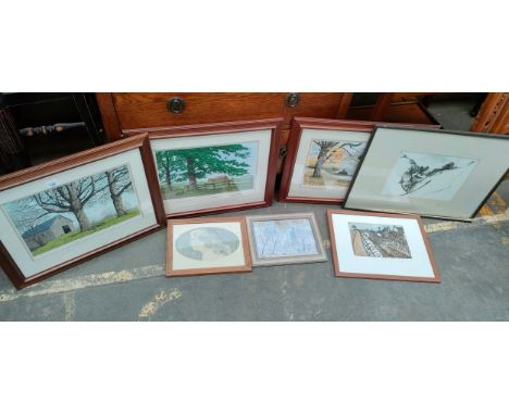 Selection of artworks; A windy Day in Town by G. Y. Cheyne print, Limited edition lithograph 4/20 titled 'Lionwell Wynd' by M