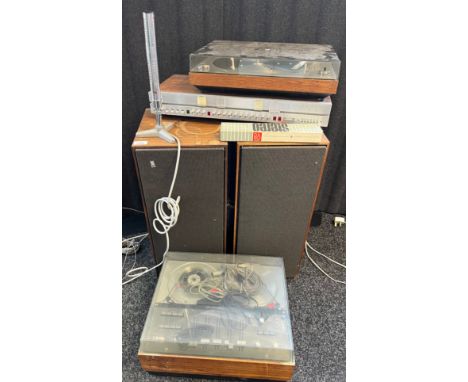 A Selection of Vintage Bang &amp; Olufsen Hifi equipment; Beocord 2000 De Luxe, Beovox 3000 speakers, Stereo Mikrofon, Beogra