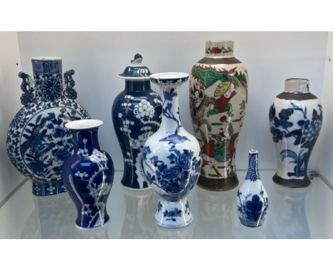 A Collection of Antique and vintage Chinese porcelain; Blue and white flask vase, Chinese blue and white blossom design vases