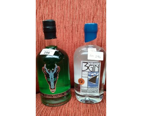 3 queens gin ‘Cunard, Queen Elizabeth’ Bottling No 0852/1041, together with a bottle of liquor ‘Fuego Valyria’ 