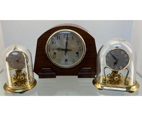 Three various vintage mantel clocks; Enfield Walnut cased mantel clock, German Kein brass and Glass dome mantel clock and Ben