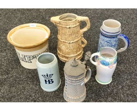 Selection of stone ware and porcelain collectables; Port Dundas Glasgow stone ware Lipton pot, Deco hand painted water jug, T