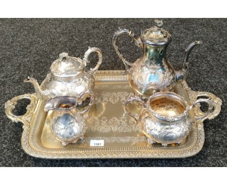 Highly decorative Silver plate/ E.P Serving tray with a four piece Ornate silver plate/ E.P Tea and Coffee service. 