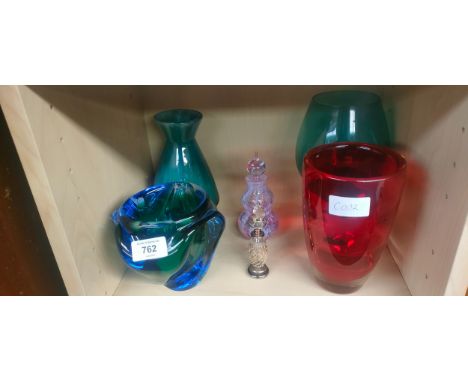 Shelf of art glass, White Friars red vase, Bohemian blue and green vase and various odds 