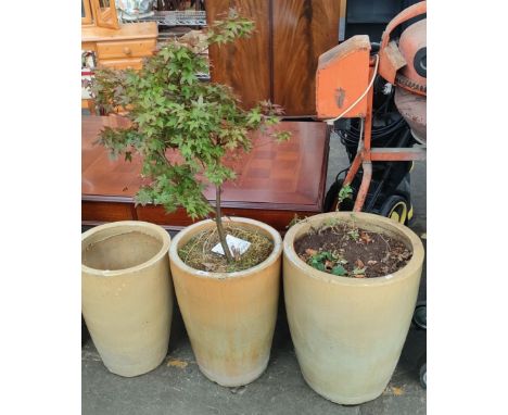 Three large garden ceramic and glazed plant pots. 