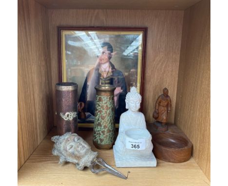 Shelf of odds; Rabbie Burns print, Hungarian Black Forest style carved figural dish, Two foreign brass and copper vases and b