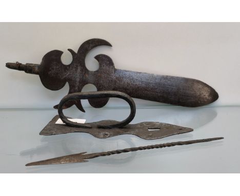 Antique Persian Indian spear head, Antique arrow/ spear head and Antique Iron worked door handle. 